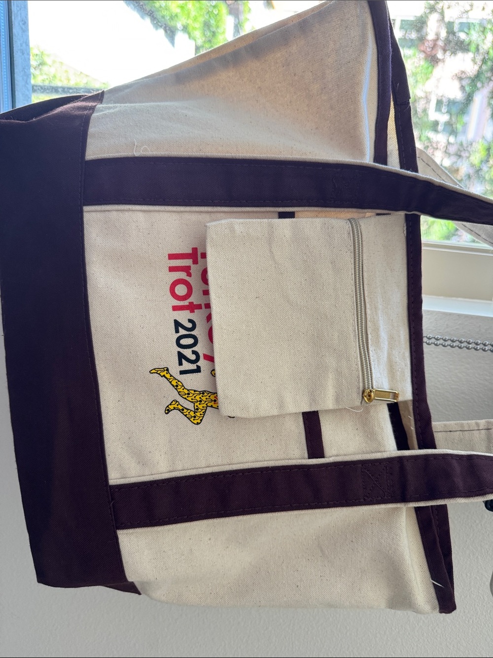 Canvas Tote Bag with Dark Brown Trim and Removable Pouch